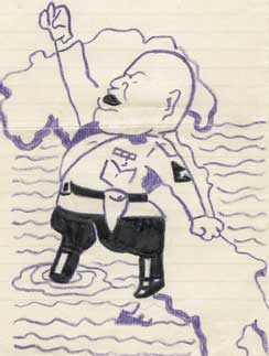 Cartoon drawing of a uniformed, bald man with a raised arm standing on a map, partially outlined by land and water features.