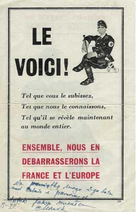 French WWII propaganda poster featuring the phrase "Le voici!" above an image of a Nazi officer, with French text calling for liberation of France and Europe from Nazi control.