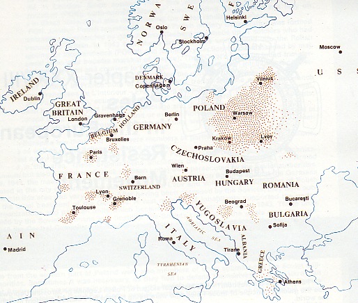 A map of Europe showing countries, major cities, and an area of brown dots concentrated across Poland, Germany, Czechoslovakia, Austria, Hungary, and surrounding regions.