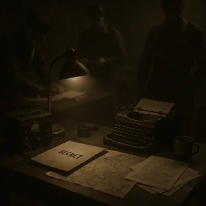 Sepia-toned 1940s photograph showing Allied intelligence officers working at a table covered with maps, coded documents, and a radio transmitter during World War II.