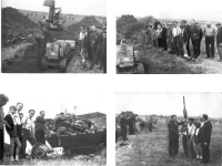 Four black-and-white photos show groups of people at an outdoor site with machinery, dug earth, a pile of debris, and a flag-raising ceremony in a rural setting.