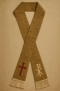 A brown liturgical stole with fringed ends, featuring a red cross on one side and a white chi-rho symbol on the other, laid flat on a beige background.
