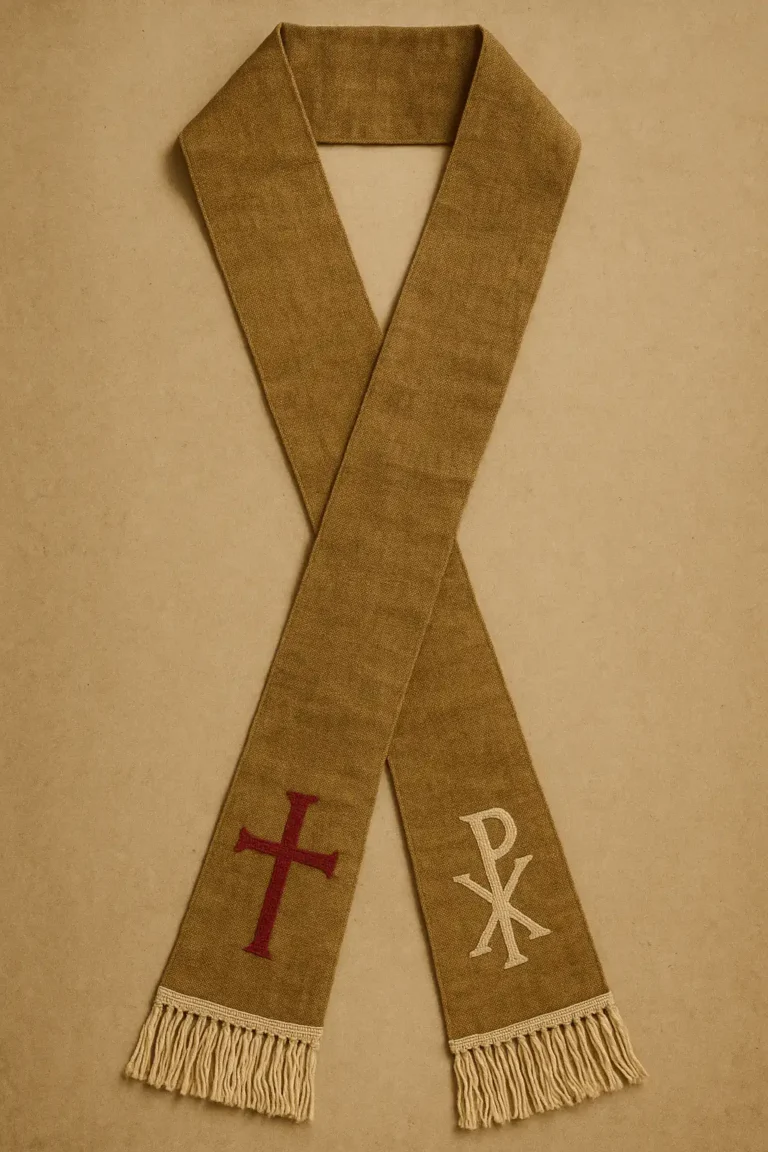 A brown liturgical stole with fringed ends, featuring a red cross on one side and a white chi-rho symbol on the other, laid flat on a beige background.