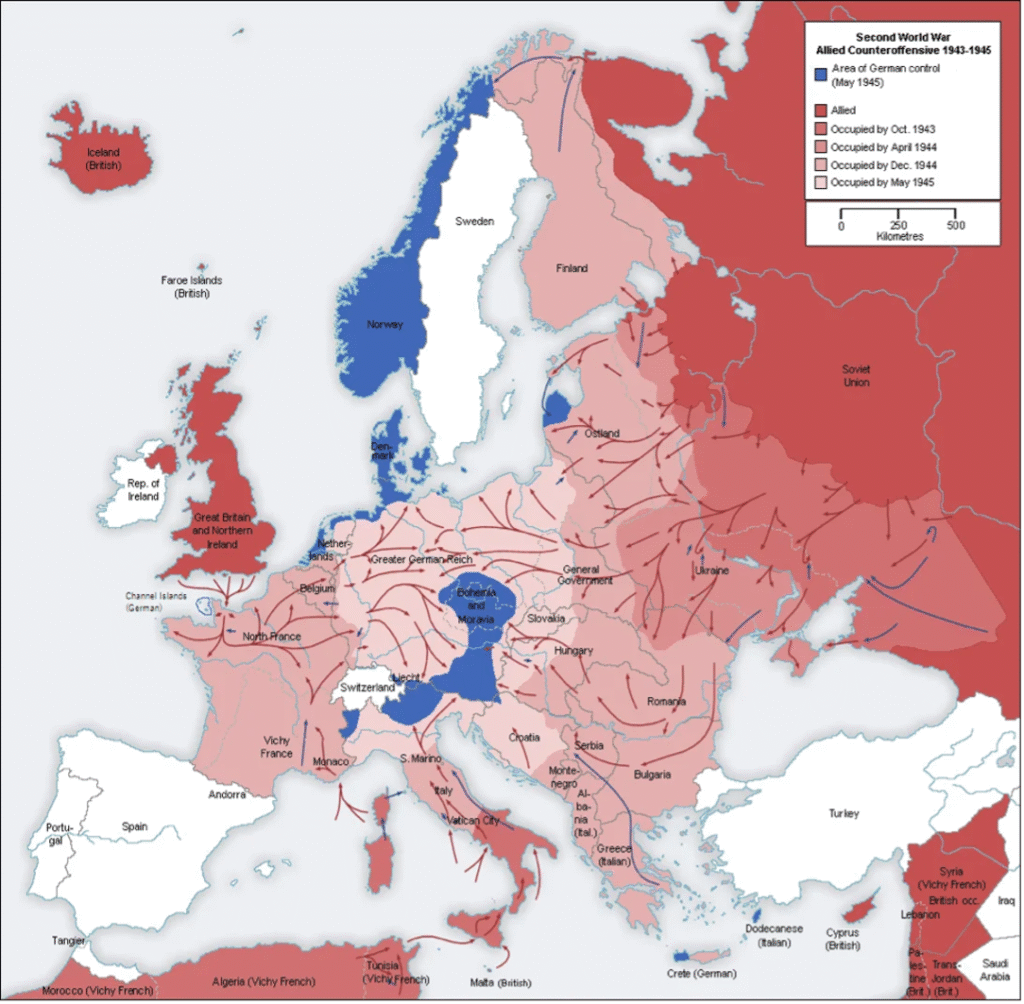 Map of Europe during the Second World War showing areas under German control from 1943 to 1945, with Allied advances and locations of major battles and cities marked.