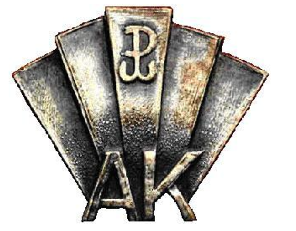 A metallic badge featuring the letters "AK" at the bottom and a "PW" symbol at the top, with a background of four fan-shaped panels.