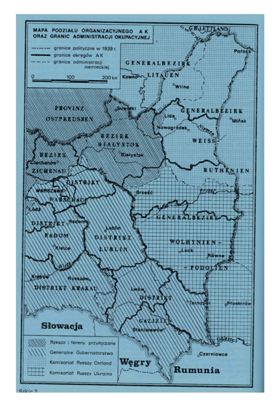 A blue-toned historical map shows the administrative divisions and borders of occupied Poland and surrounding regions during the Second World War, labelled in Polish.