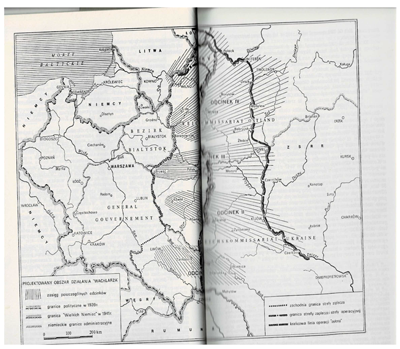 Black and white historical map showing the borders and occupation zones in Poland during the Second World War, with labelled regions and a key for boundary types.