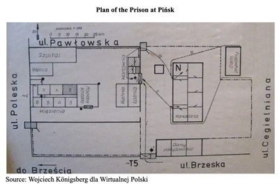 Black and white schematic map showing the layout of Pińsk Prison, labelled in Polish with sections, entrances, and surrounding streets.