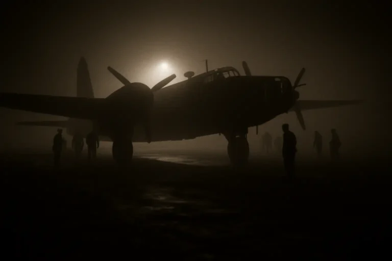 Sepia-toned 1940s photograph of a Wellington bomber on a dimly lit airfield, symbolising the Polish No. 304 Squadron crew lost over France in 1942.