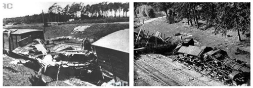 Two black and white photos show derailed and destroyed trains beside tracks, with damaged railcars and locomotives amid surrounding trees and open land.