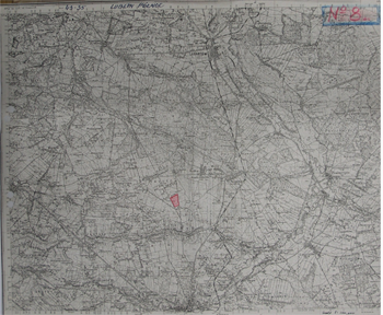 Black and white map with detailed topographical markings; a small central area is highlighted in pink, and a blue label "No. 8" appears in the top right corner.