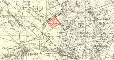 Black and white map highlighting the village of Malczyn in red, surrounded by nearby villages and labelled geographic features.