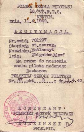 A Polish pilot school identification document issued to Zbigniew Józef Małaczyk on 11 April 1942, authorising him to wear the pilot’s badge.