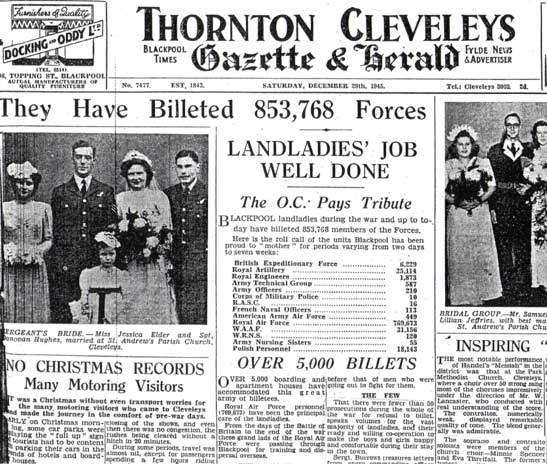 Black and white newspaper page from 1941 with headlines about billeting armed forces, landladies' contributions, and local news, including a wedding photo and bridal advert.