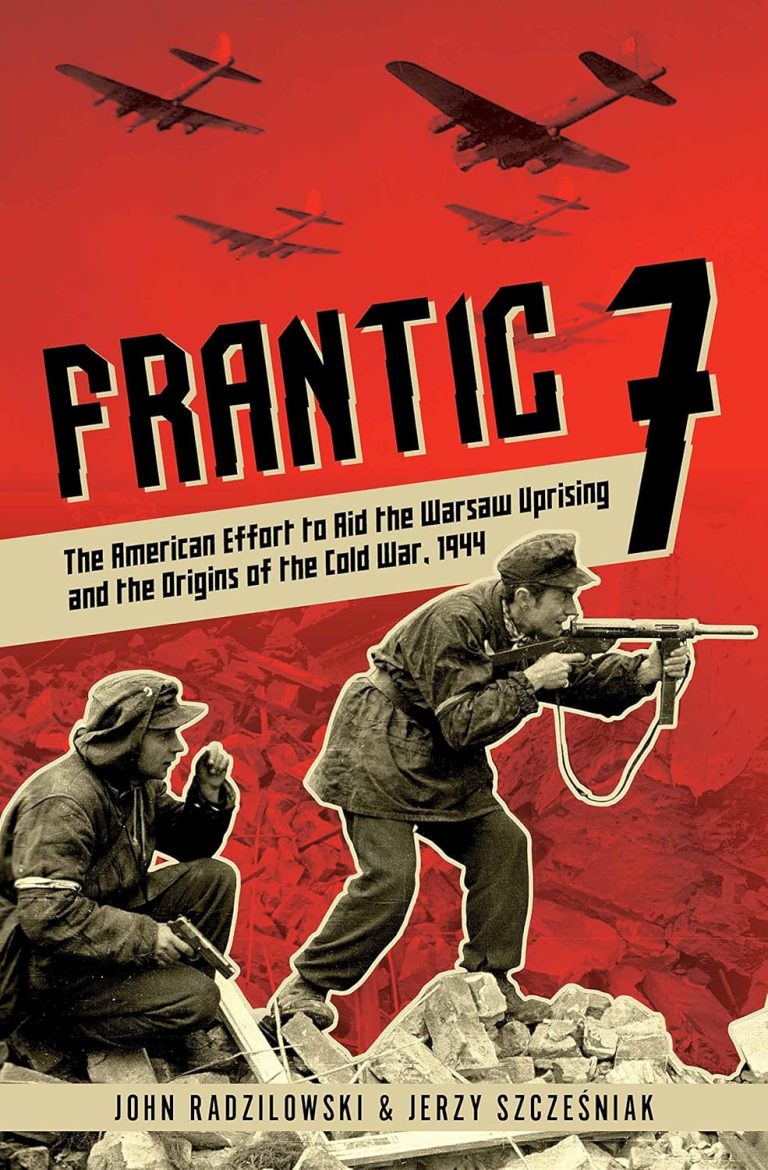 Cover of the book "Frantic 7" featuring wartime aircraft flying overhead and two soldiers aiming rifles, with a red and black background and bold title text.