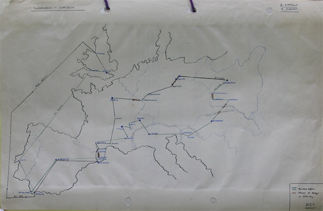 Hand-drawn map with labeled nodes and connecting lines showing a network layout; includes a key in the bottom right corner.