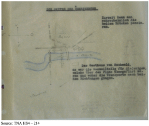 A scanned page shows a hand-drawn map with German text, labels, and directional arrows, detailing a bridge crossing with nearby landmarks.