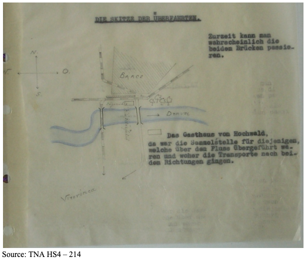 A scanned page shows a hand-drawn map with German text, labels, and directional arrows, detailing a bridge crossing with nearby landmarks.