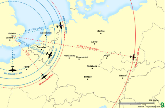 A map of Western Europe shows aircraft icons, range circles, and dashed lines indicating distances between cities including London, Paris, Berlin, and Vienna.