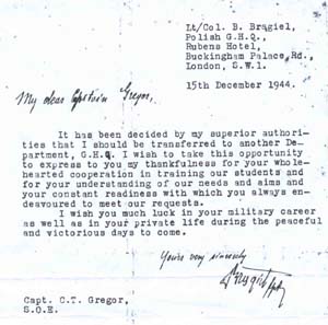 A typed letter dated 15 December 1944, informing Capt. Gregor of the sender’s transfer and expressing gratitude for co-operation. The letter is signed by Lt/Col. B. Bragiel.