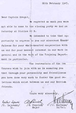 A typed letter dated 26 February 1945 expresses gratitude to Captain Gregor for cooperation, signed by three officers at the bottom.