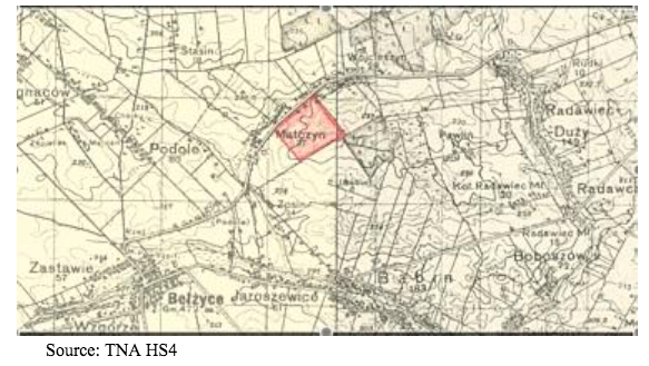 A black and white map highlights the area of Małaszewicze in red, showing surrounding villages and roads with Polish place names.