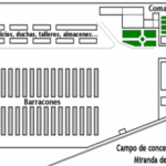 Diagram of the Miranda de Ebro concentration camp showing barracks, command area, service buildings, and a water feature on the left. Labels indicate various facility zones.