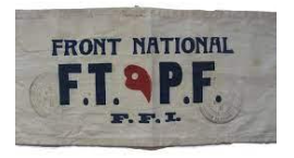 A rectangular cloth banner with the text "FRONT NATIONAL F.T.P.F. F.F.L." in bold black letters on a light background.