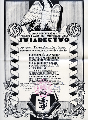 Black and white Polish military certificate with ornate borders, two eagles, and a lion crest at the bottom, featuring handwritten and typed text with official stamps and signatures.