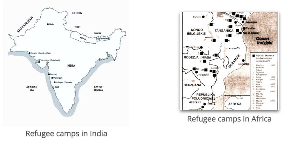 Map showing locations of refugee camps in India on the left and refugee camps in Africa on the right, with marked camps and geographical features.