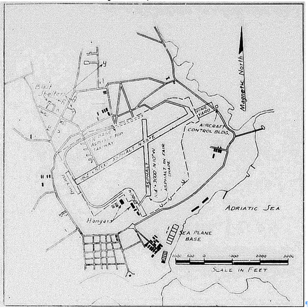 Hand-drawn map showing an airfield with runways, taxiways, buildings, a seaplane base by the Adriatic Sea, and surrounding roads labelled with a scale in feet.