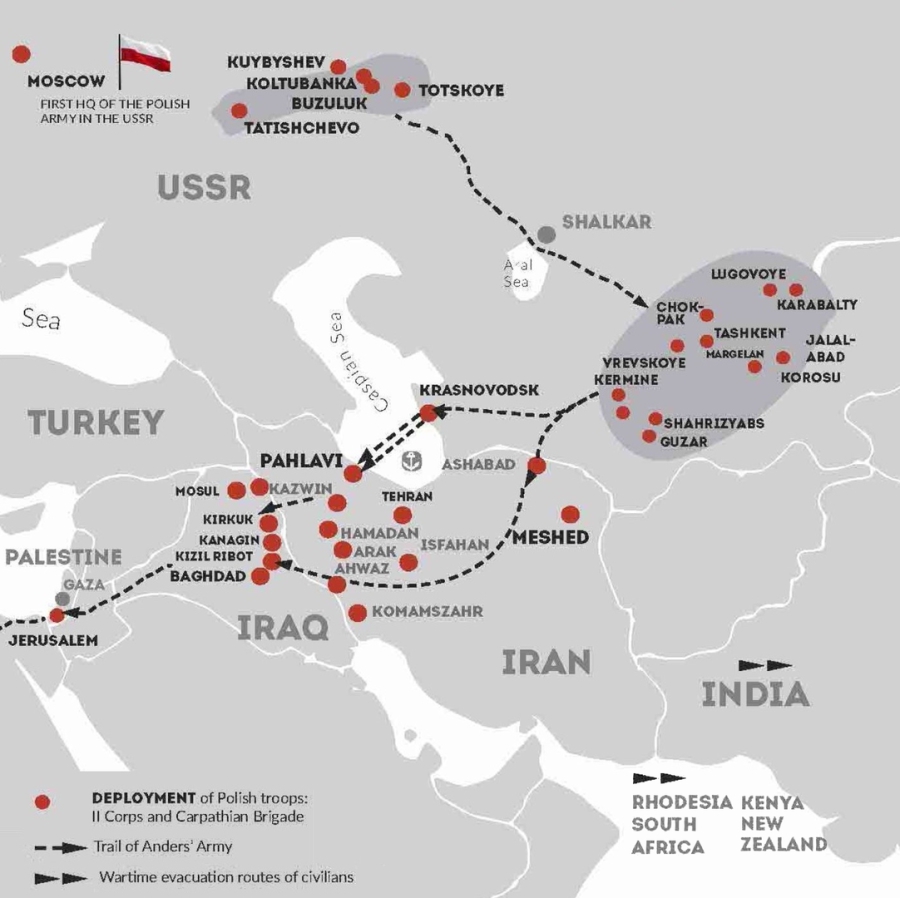 Map showing Second World War-era routes of Polish troops and civilian evacuations from the USSR to the Middle East and India, with key locations and deployment areas marked.