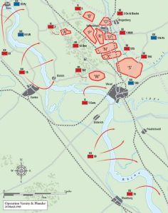 Military map showing troop positions, movements, and river crossings near Wesel, Germany during Operation Varsity & Plunder on 24 March 1945.