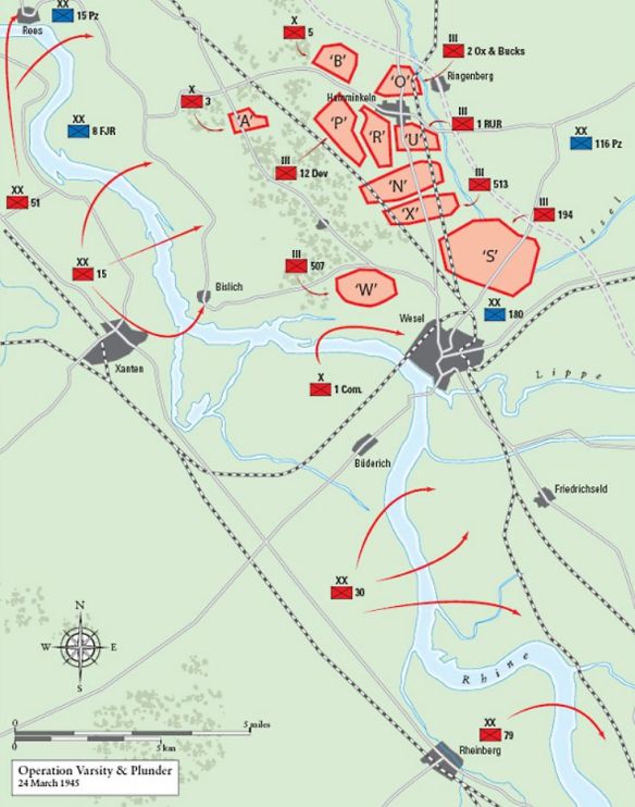 Military map showing troop positions, movements, and river crossings near Wesel, Germany during Operation Varsity & Plunder on 24 March 1945.