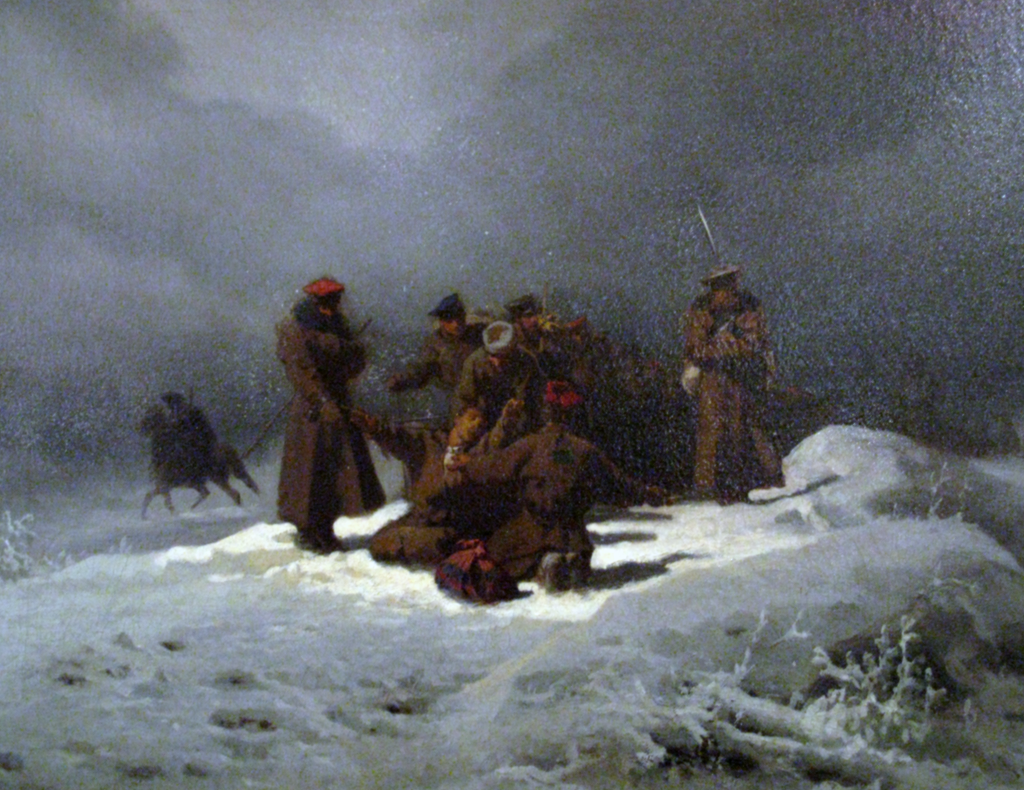 A group of people in winter clothing tend to someone lying on snow-covered ground; one person on horseback is visible in the misty background.