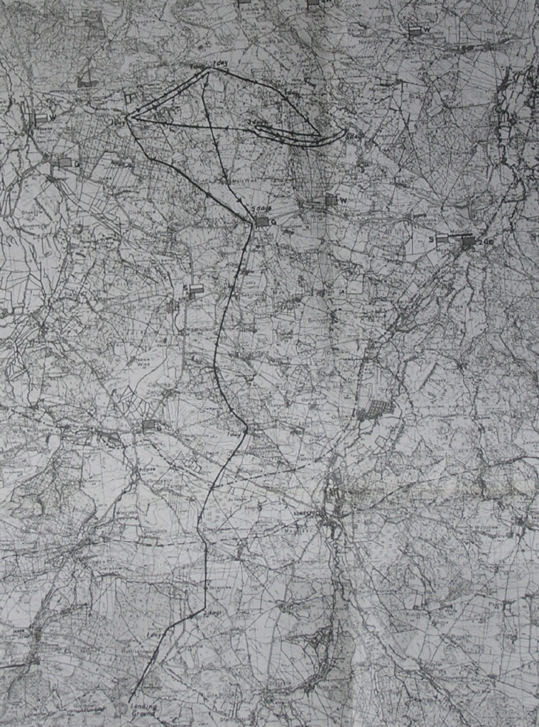 Black and white vintage map showing detailed topography, roads, and settlements with several prominent routes marked in dark ink.