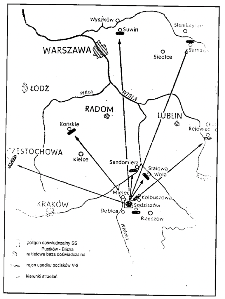 Black and white map showing V-2 rocket impact locations in Poland with arrows pointing from a test site near Mielec towards cities such as Warszawa, Radom, Lublin, and Kraków.