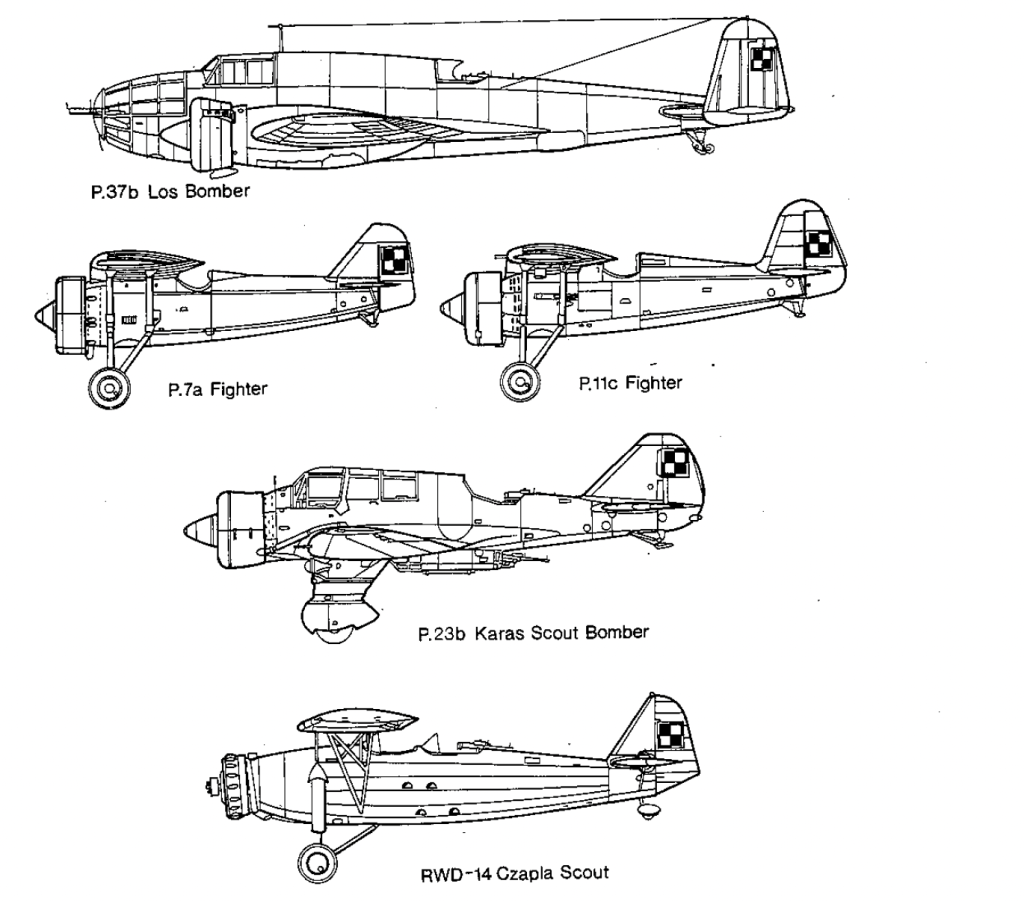 Technical line drawings of five Polish military aircraft from the 1930s, including bombers, fighters, and a scout aeroplane, each labelled with their model name.