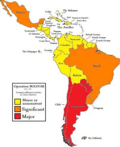 Map of Latin America showing German influence in the Second World War; Brazil, Bolivia, Argentina, Chile marked as significant or major zones; other countries show minor or no influence.